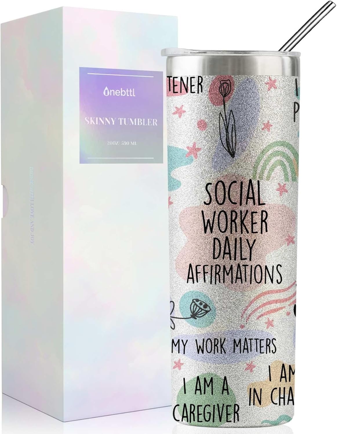 Onebttl Social Worker Gifts For Women - Social Worker - 20oz/590ml Stainless Steel Insulated Glitter Tumbler with Straw - Social Work Month, Appreciation, Graduation Gifts for BSW, MSW, DSW - (Silver)