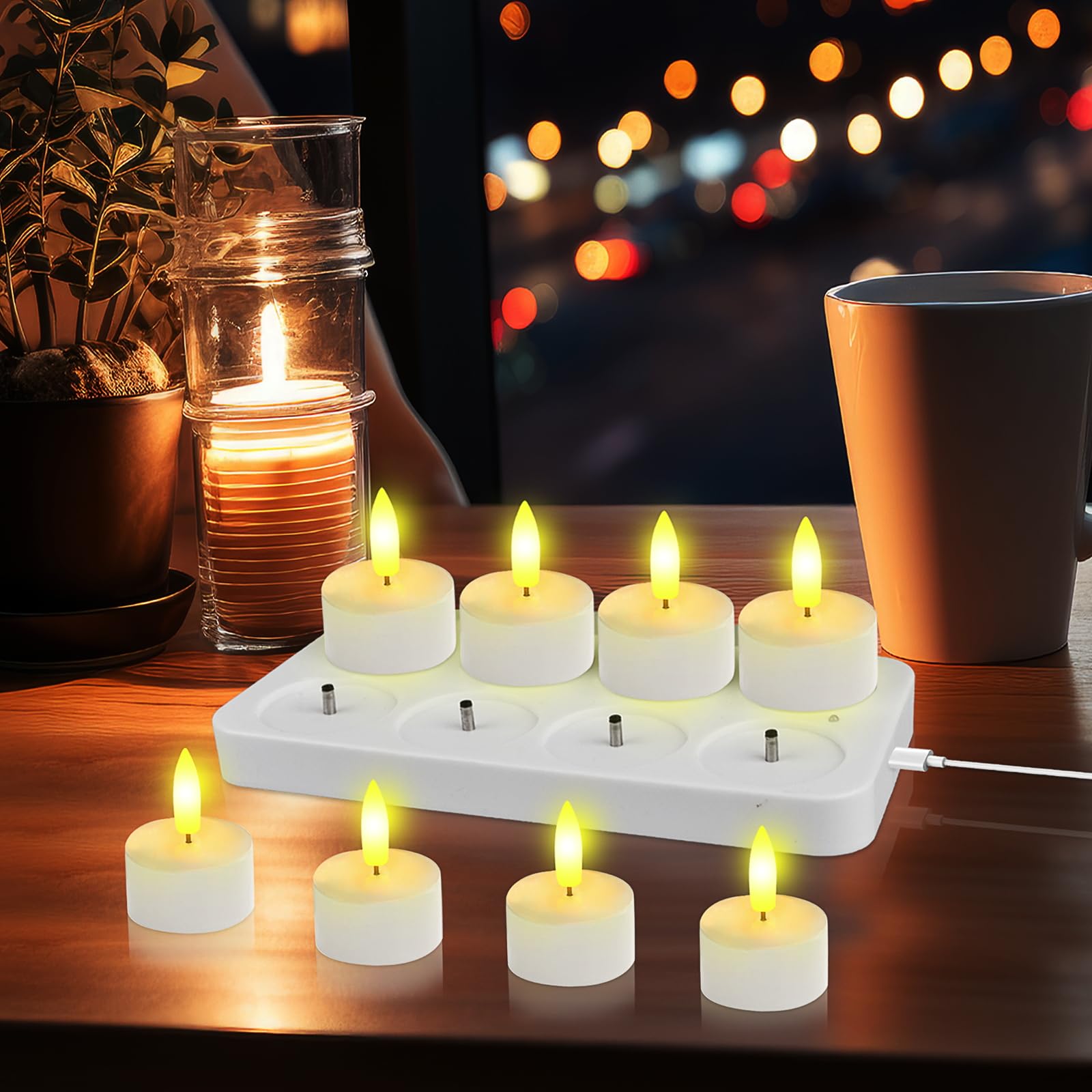 LED Tea Lights Rechargeable 8 LED Candles Tea Lights with Remote Control and Charging Station, Electric Flickering for Party Room Living Room Halloween Christmas Table Party Decoration-image-15