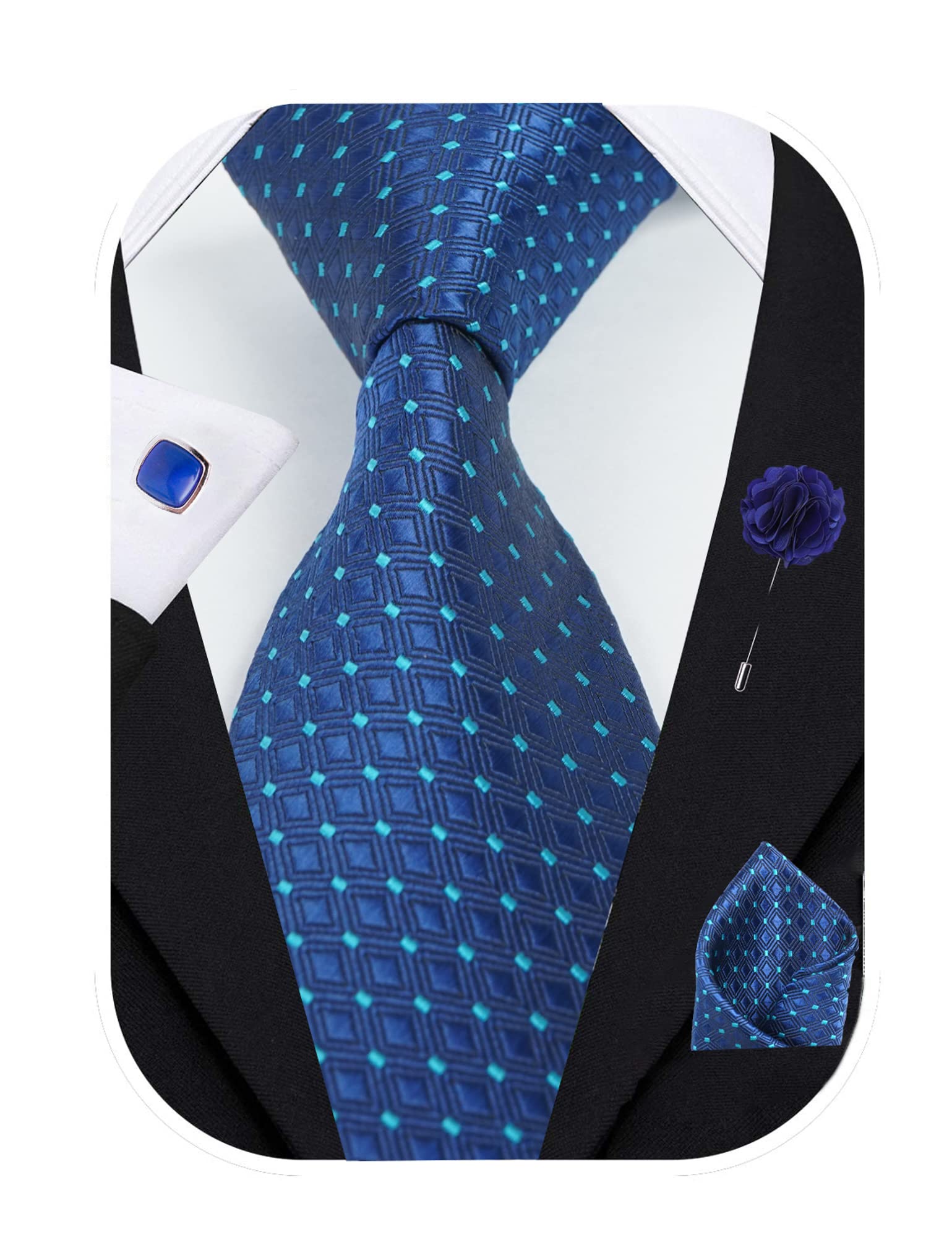 RIZORO Tie for Men – Dotted Silk Neck Ties Set with Cufflinks Flower Pin, Pocket Square & Black Gift Box, Combo Necktie Sets for Office Wear, Formal Suits & Weddings (Blue, A13BLRX) 1