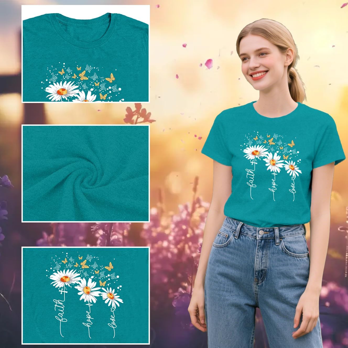 Christian Shirts for Women Daisy Floral T-Shirt Faith Hope Love Tee Butterfly Tops - Image 6