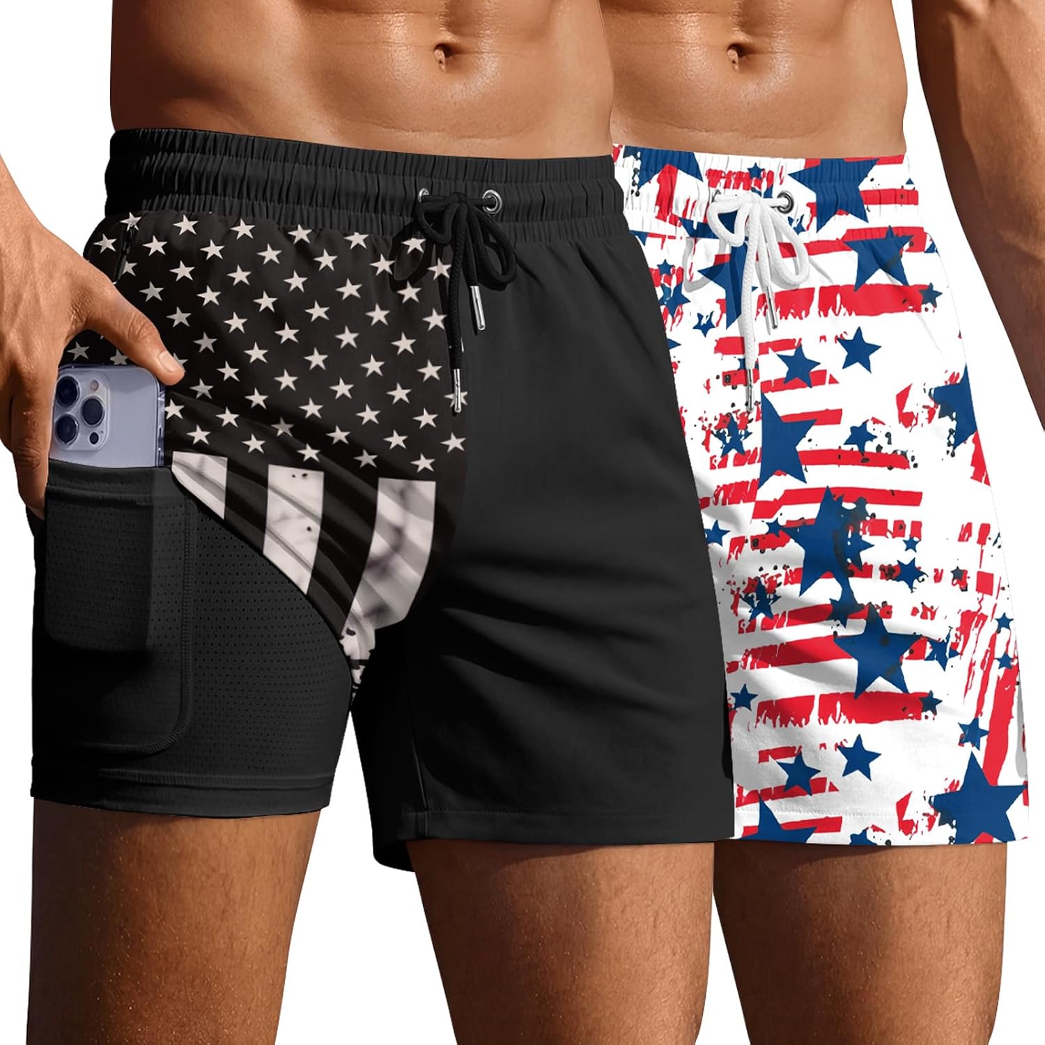 Ekouaer 2 Pack Men's Swim Trunks 5" with Compression Liner 2 in 1 Board Shorts Quick Dry Bathing Suit Swimwear Zipper Pocket
