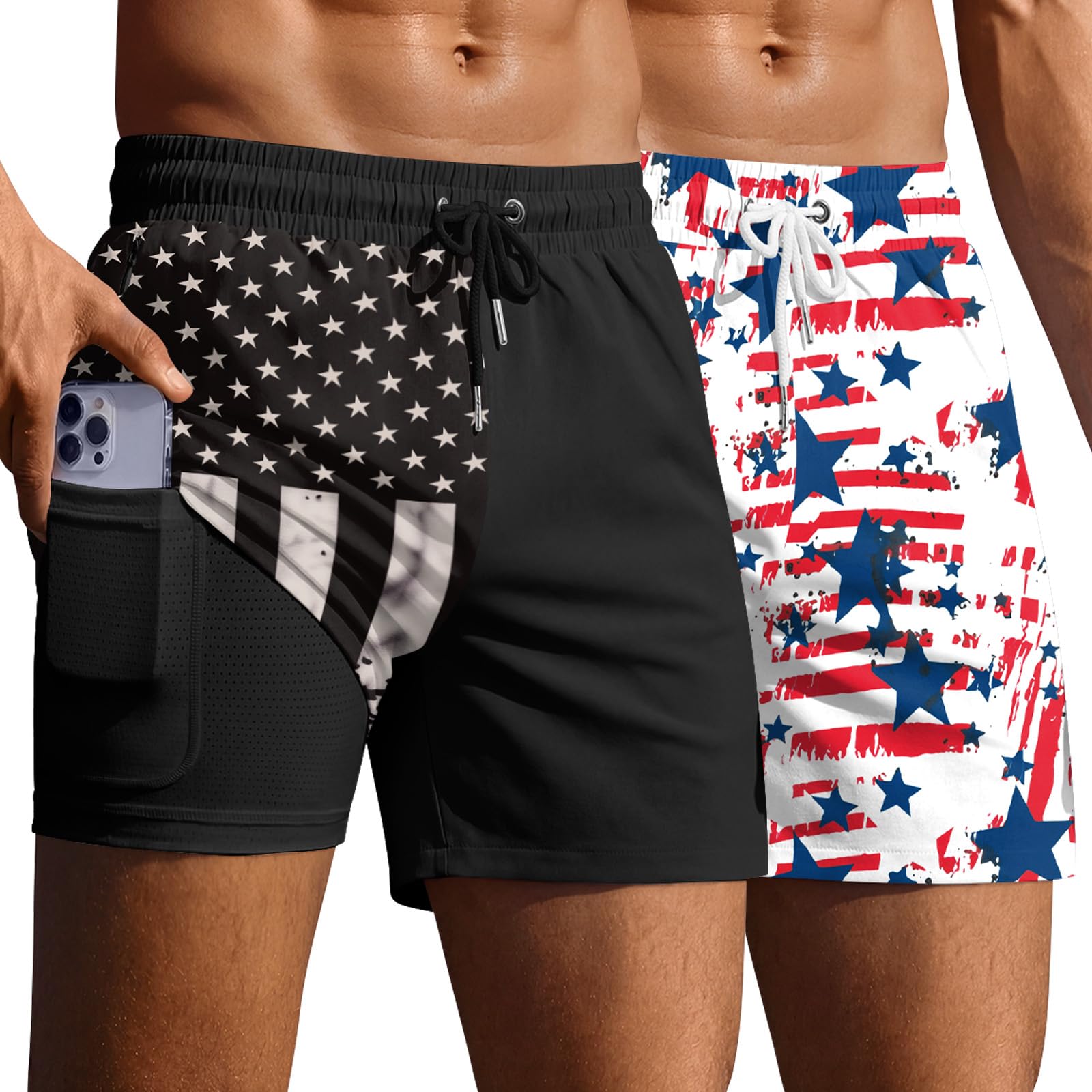 Photo 1 of Ekouaer 2 Pack Men's Swim Trunks 5" with Compression Liner 2 in 1 Board Shorts Quick Dry Bathing Suit Swimwear Zipper Pocket