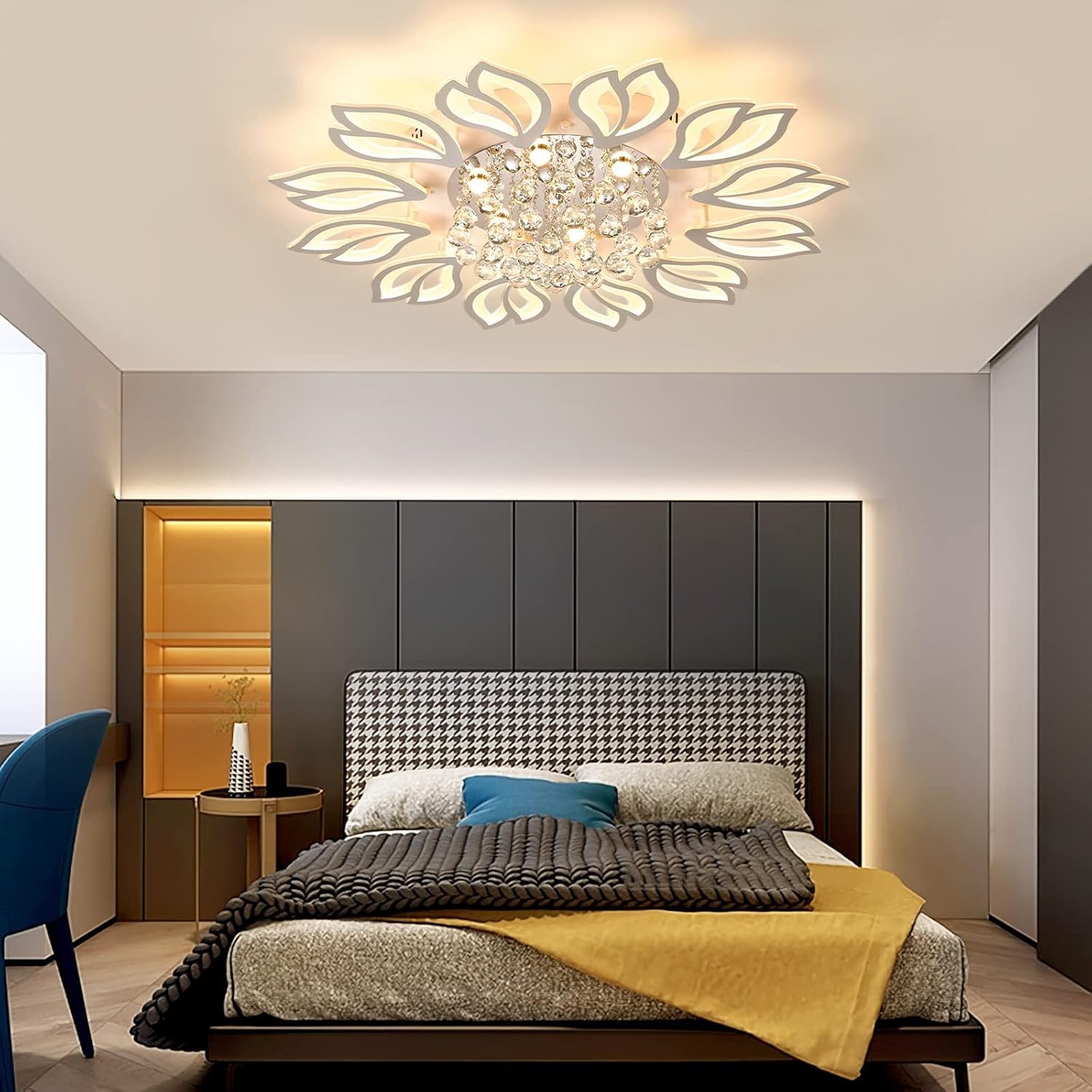Tioolo Modern Ceiling Lamp, Dimmable LED Ceiling Light, 12-Head Flush Mount Flower Shape Chandelier with Remote, Acrylic Petal Lighting Fixture for Bedroom Kitchen Dining Living Room (55W,White)
