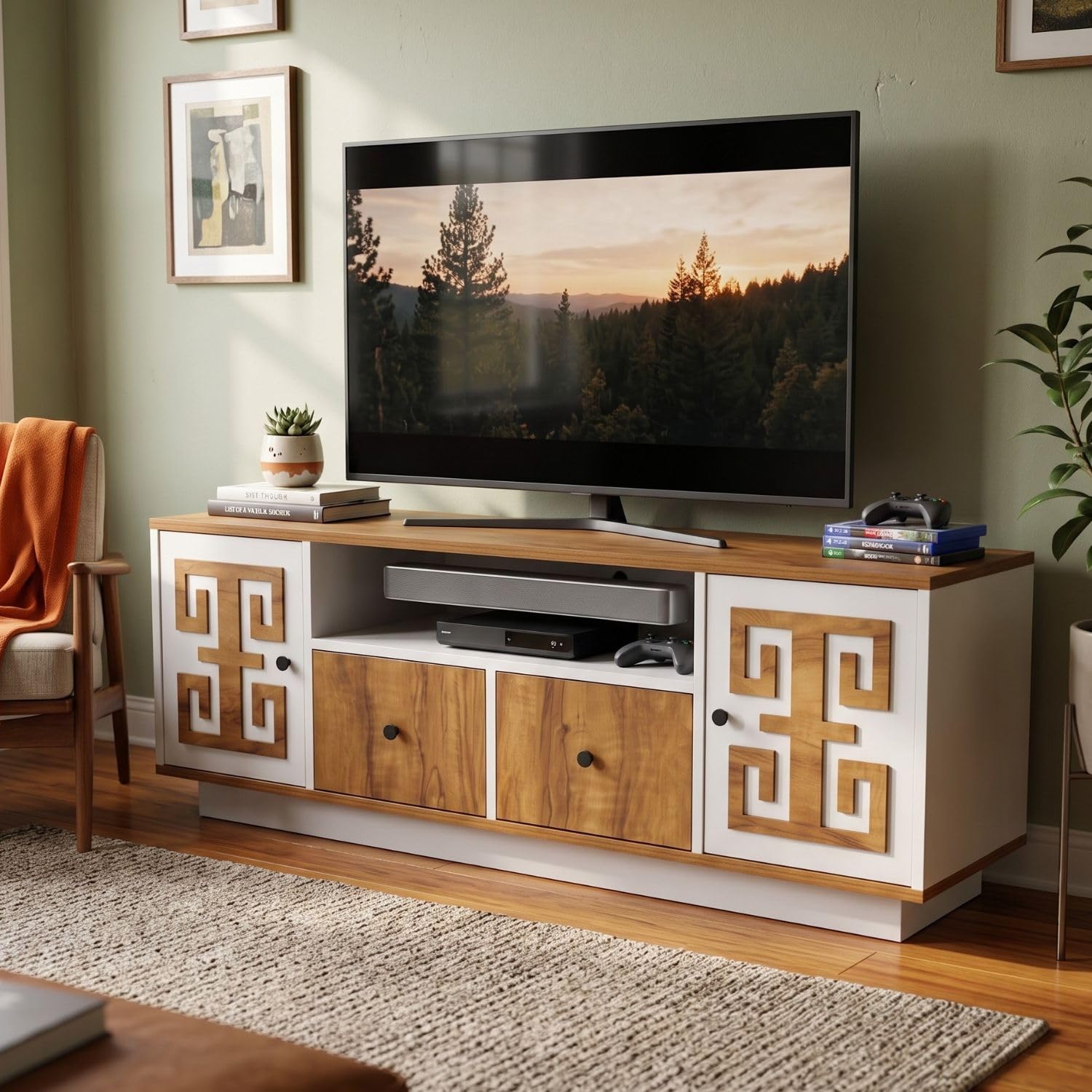 FFO Grecian TV Unit for Living Room 55 Inch TV | TV Cabinet with 2 Drawers, 2 Side Cabinets & Open Media Shelf | Engineered Wood Entertainment Unit for Set-Top Box & Gaming Console | DIY-image-10