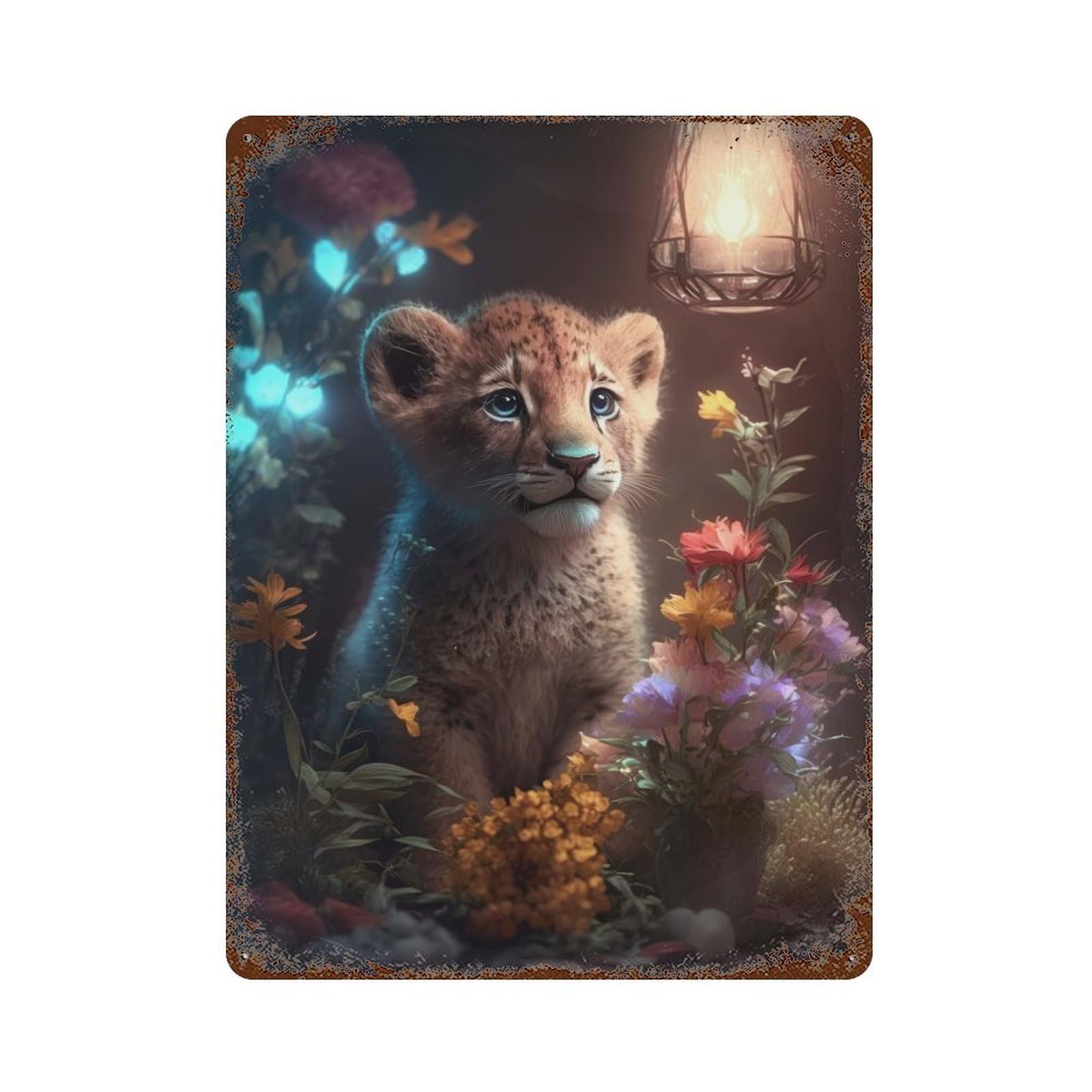 Fantasy Lion Cub Glow 15.7"x11.8" Vintage Rust Metal Sign, Decorative Metal Wall Art for Living Room, Hallway And Home Decor