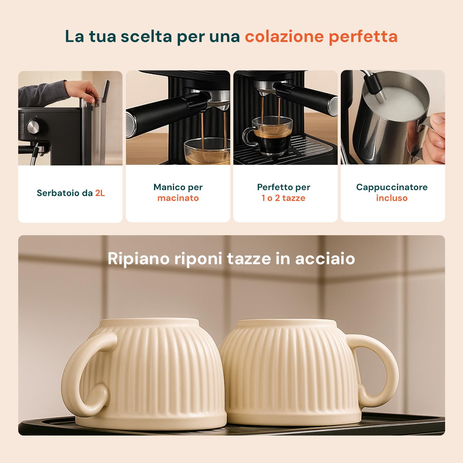 Wintem - Macchina Caffè 850W per Espresso Intenso con Filtro in Acciaio Inossidabile, Serbatoio da 2L e Compatibilità con Caffè Macinato e Cialde, Uso Facile e Design Compatto Nera