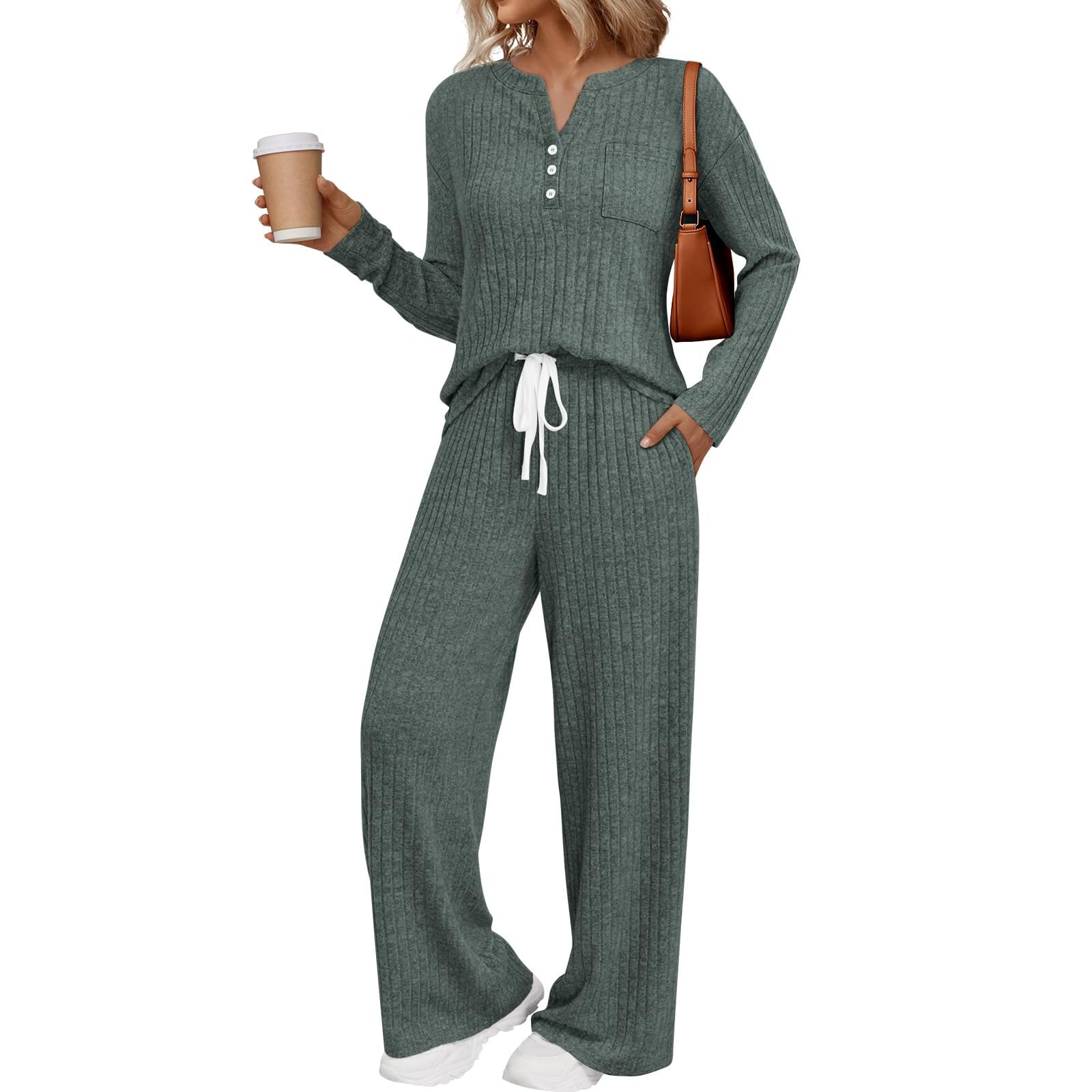 Womens 2 Piece Lounge Sets Outfits Ribbed Henley Neck Sweater Wide Leg Pants 2025 Comfy Matching Sweat Suits