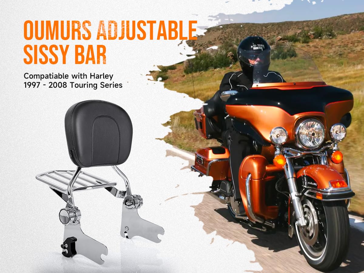 OUMURS Chrome Adjustable & Detachable Sissy Bar Passenger Rear Backrest Pad with Luggage Rack Compatible with Harley Touring 1997-2008 Road King, Road Glide, Street Glide, Electra Glide, Ultra Classic