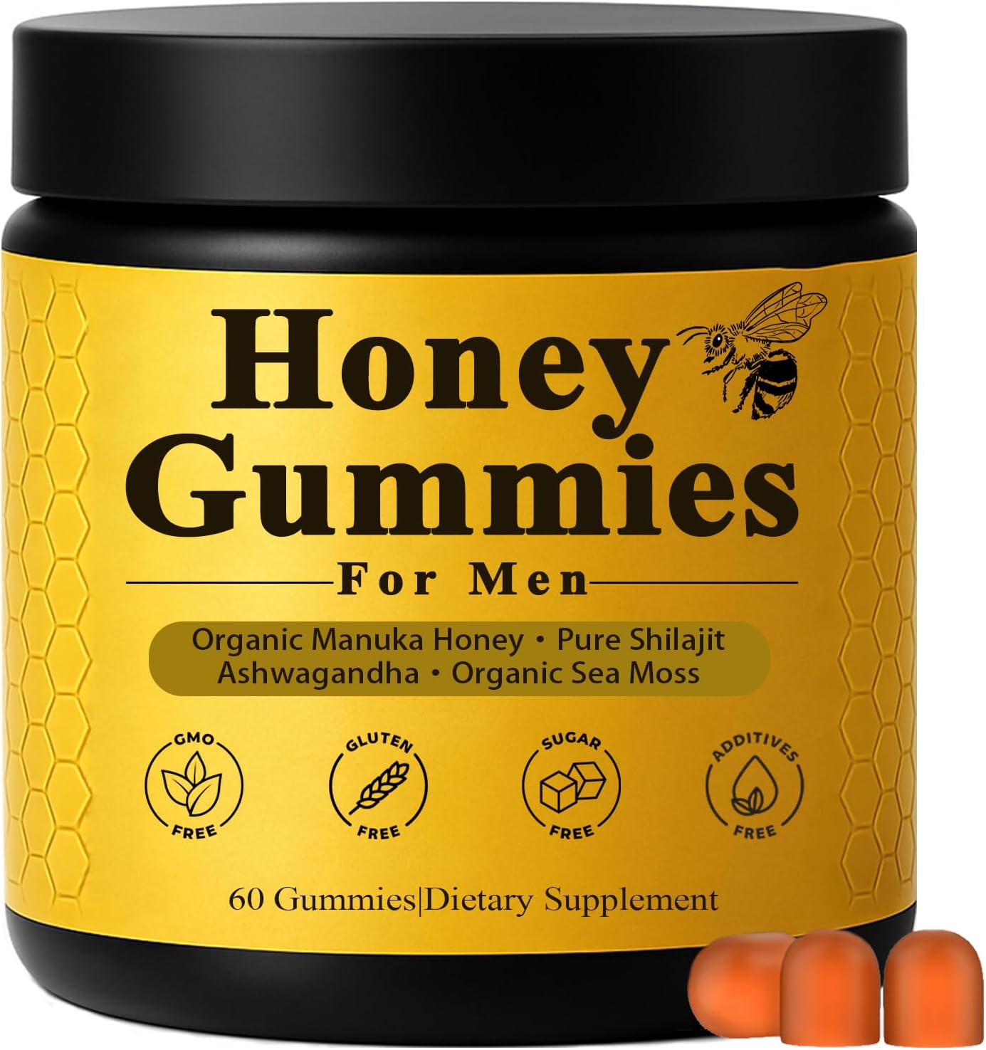 Honey Gummies for Men, Vitality Booster Manuka Honey Gummies, with Shilajit, Ashwagandha, Sea Moss, Improves Endurance, Lowers Cortisol, Reduces Fatigue, Vegan, Non-GMO (60 Gummies) (1)