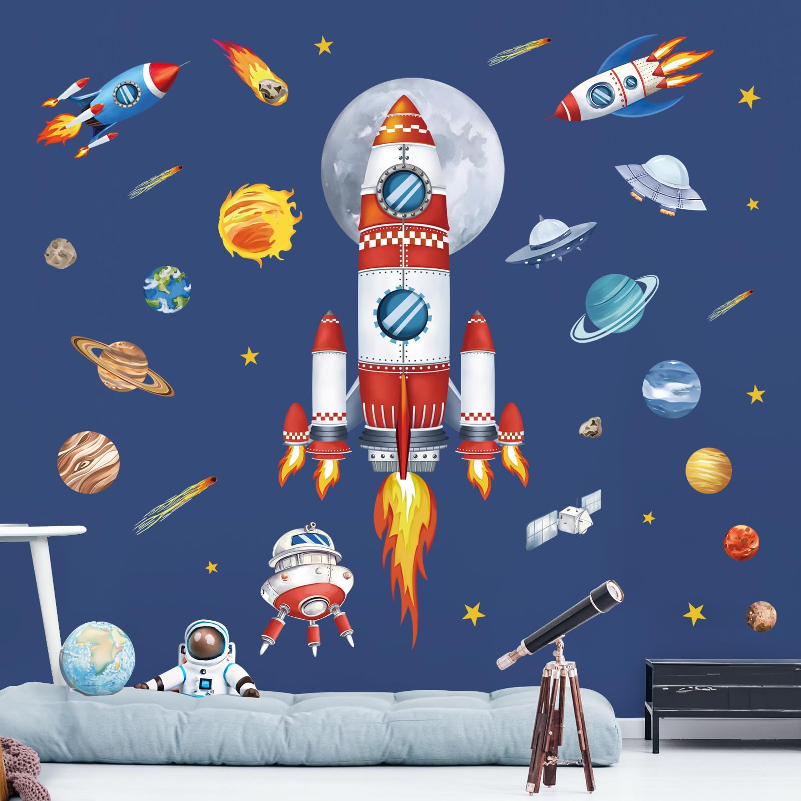 decalmile Pegatinas de Pared Espacio Cohetes Grande Vinilos Decorativos Planetas Astronauta Estrellas Adhesivos Pared Niños Habitación Infantiles Cuarto de Jugar