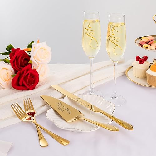 Miniatura 7 de Juego de 6 copas de champán de boda con cuchillo para pastel y servidor, regalos de boda para novia y novio, regalos de compromiso para despedida de