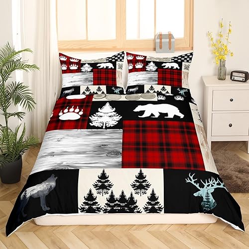 Miniatura 3 de Manfei Juego de funda de edredón de aventura de campamento, tamaño matrimonial, funda de edredón de retazos a cuadros rojos con 2 fundas de