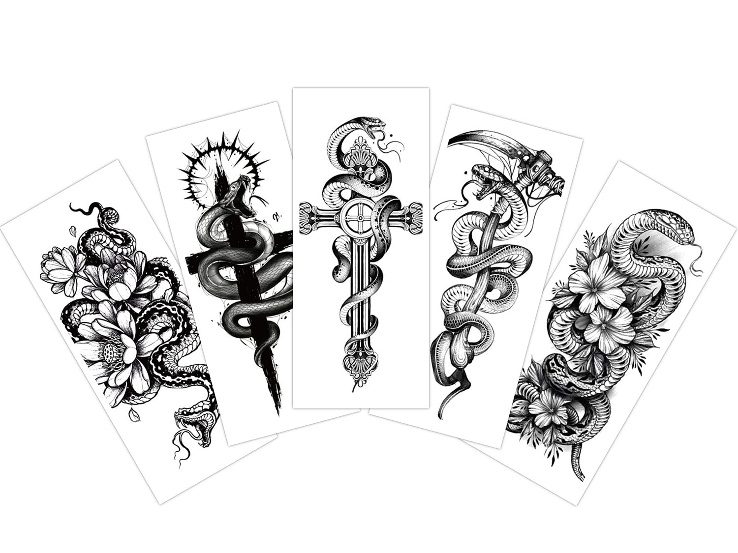 S.A.V.I 5pcs. Temporary Tattoo Stickers Combo Of Snakes, Cross, Flowers Mix Designs For Men Girls Boys Women Size 10.5x6cm Black