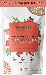 Waka Instant Green Tea Mix, Strawberry Flavored - 100% Tea Leaves, No Additives, Unsweetened Sample/Travel Size Tea Powder - Easy Quick Hot and Iced Teas, Up to 20 Cups or 5 Quarts (.45oz)