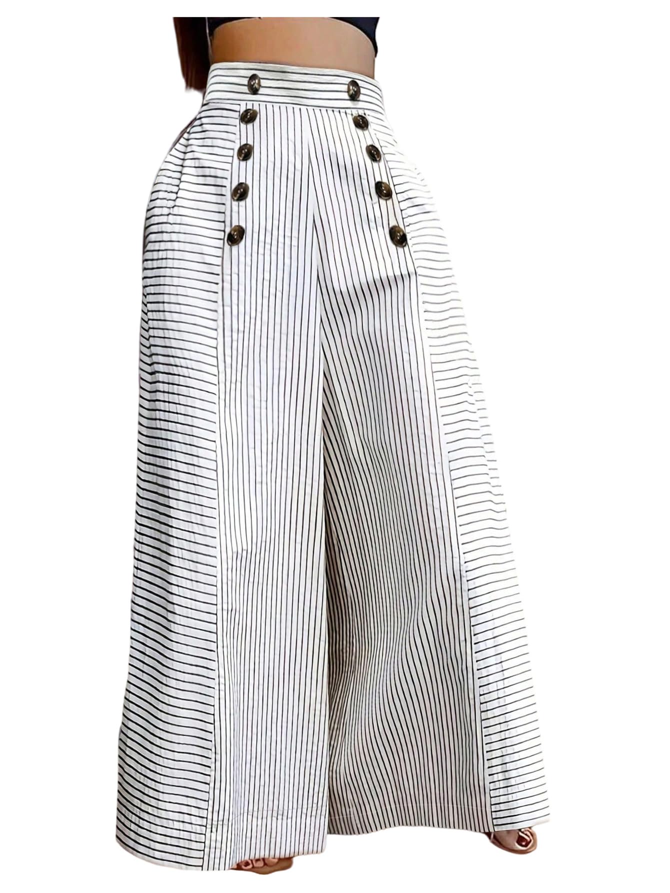 GORGLITTER Womens Striped Wide Leg Pants Button High Waisted Office Suit Palazzo Pants Trousers