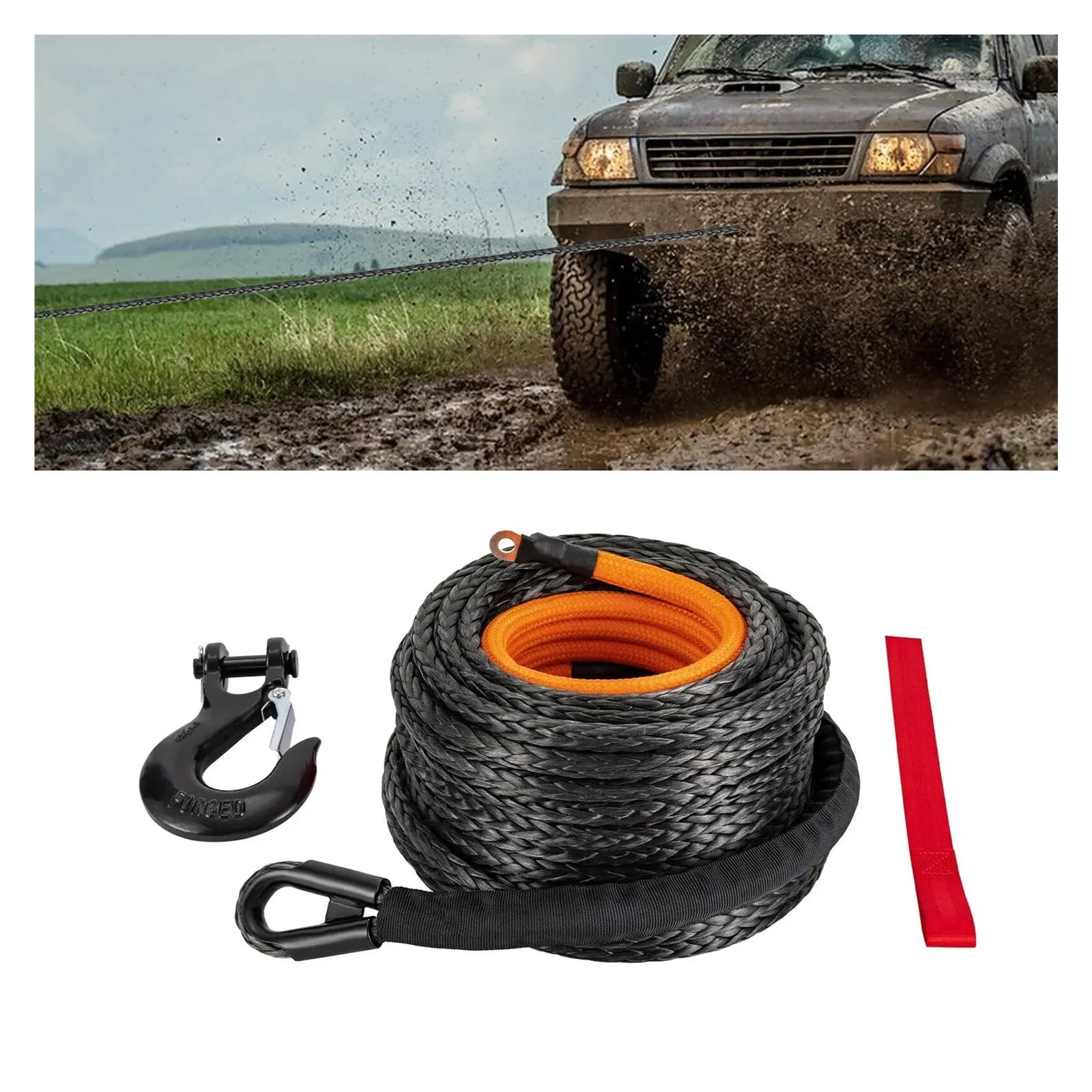 Zestaw syntetycznej wyciągarki samochodowej o udźwigu 31 500 funtów, 1/2 x 92 stopy, kabel holowniczy z hakiem do holowania samochodów i quadów Duża pojemność