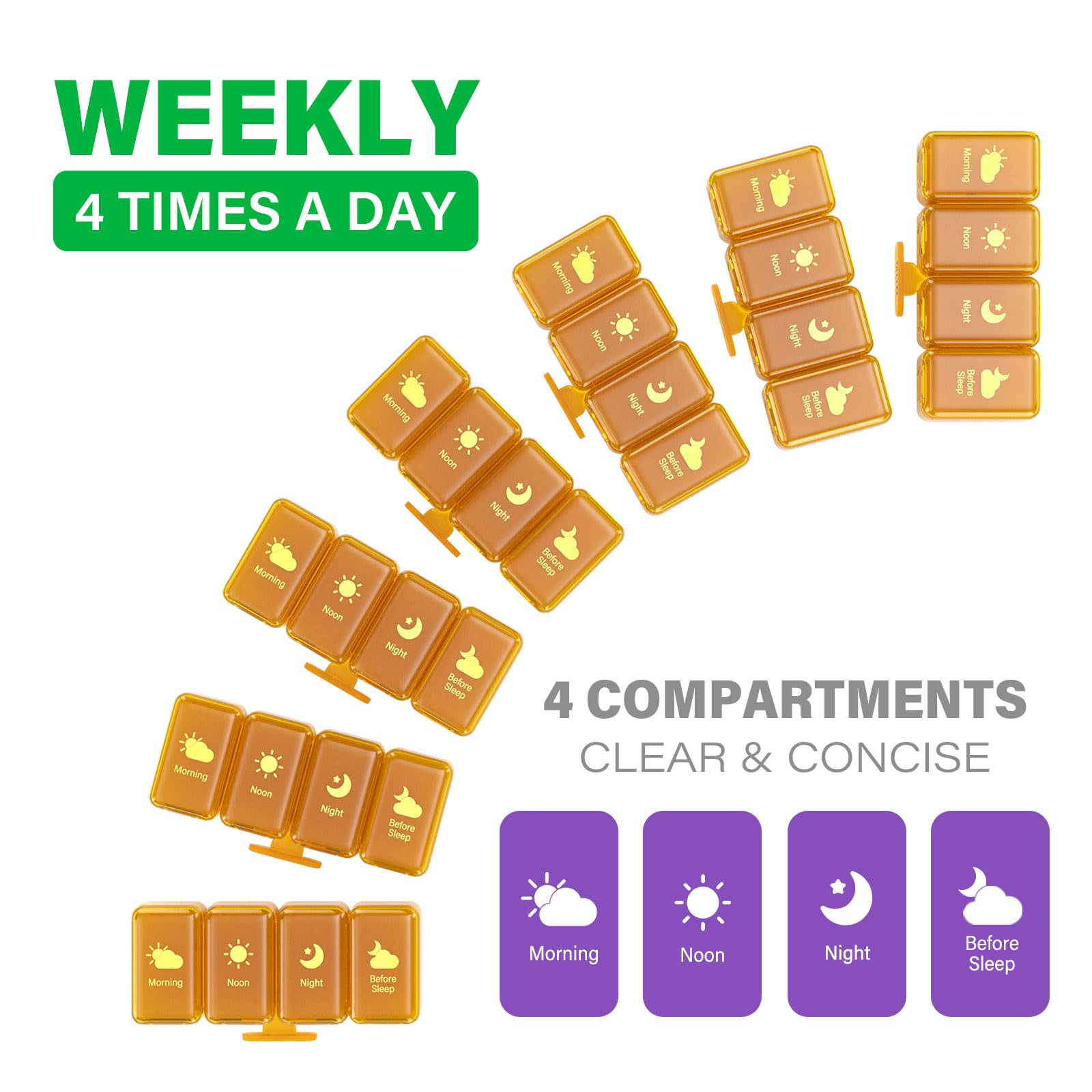 Pilulier hebdomadaire 4 fois par jour, grands compartiments, 4 x 7 jours, pilulier pour pilules/vitamines/huiles de poisson/médicaments/compléments (jaune)