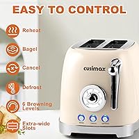 Vista 4 de CUSIMAX Toaster 2 Slice with Extra Wide Slots for Bagels, Stainless Steel Retro Toaster with 6 Toast Settings and 4 Functions, Bagel, Cancel
