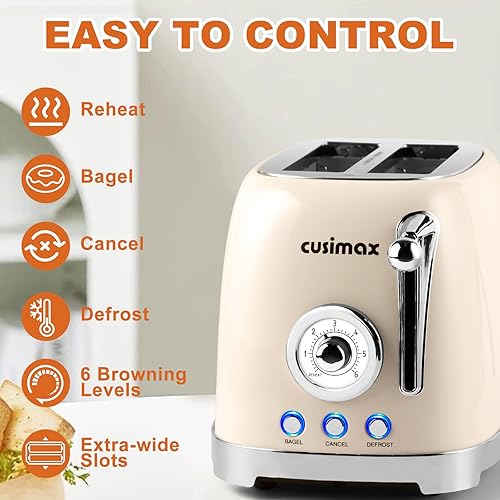 Miniatura 4 de CUSIMAX Tostadora de 2 rebanadas con ranuras extra anchas para bagels, tostadora retro de acero inoxidable con 6 ajustes de tostada y 4 funciones,
