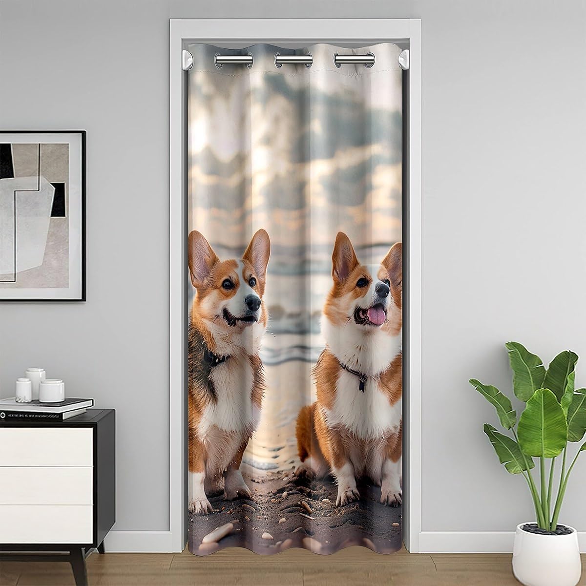 Kawaii Corgis Door Curtain Seaside Beach Print Blackout Curtain for Girls Boys Children Cute Puppy Dogs Doorway Curtain Sunny Sky Clouds Privacy Door Drape 1 Panel 52" W X 80" L