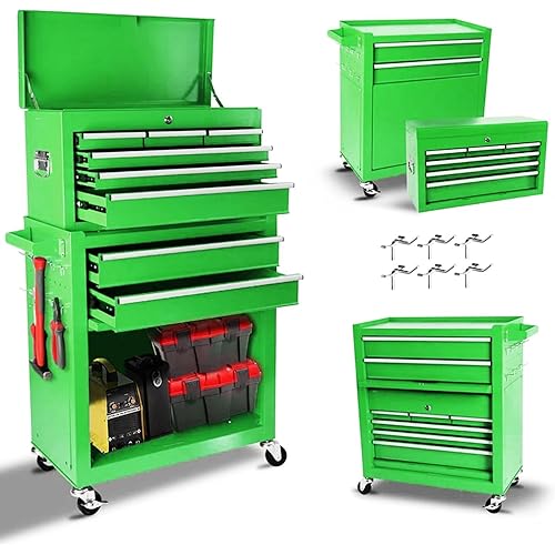 8 Drawers Rolling Tool Chest - Tool Box Organizer with Wheels and Drawers, Detachable Storage Cabinet with Lock for Garage Workshop, Green