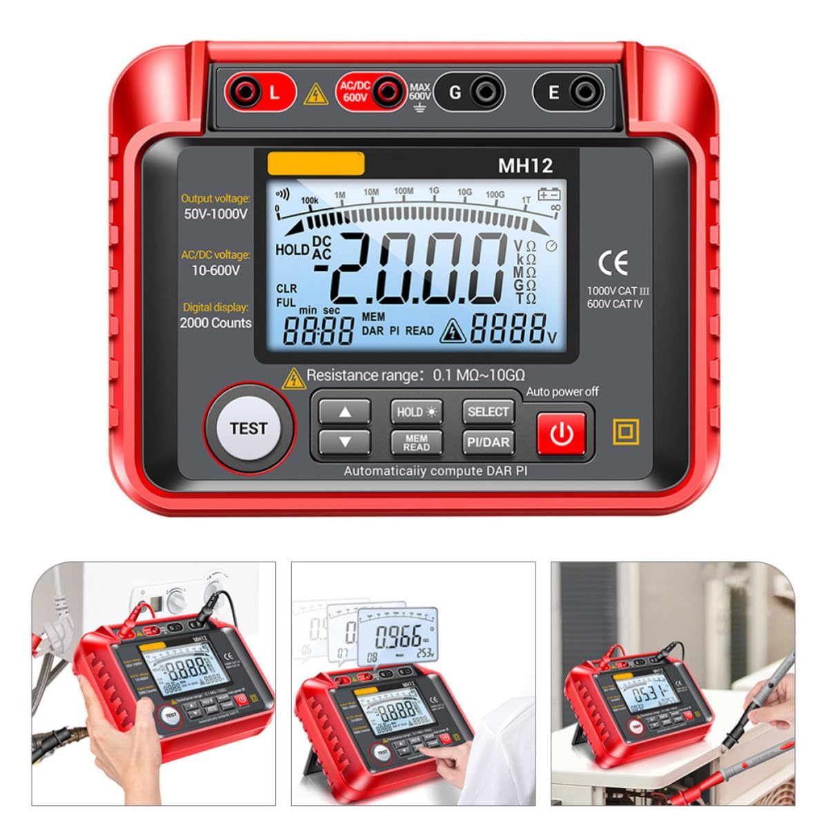 COLLBATH Digital Megohmmeter with Automatic Shutdown Mh12 Insulation Resistance Tester and 8 X Aa Battery Power for Power Capacitors and Motors for Insulation Resistance Testing Areas