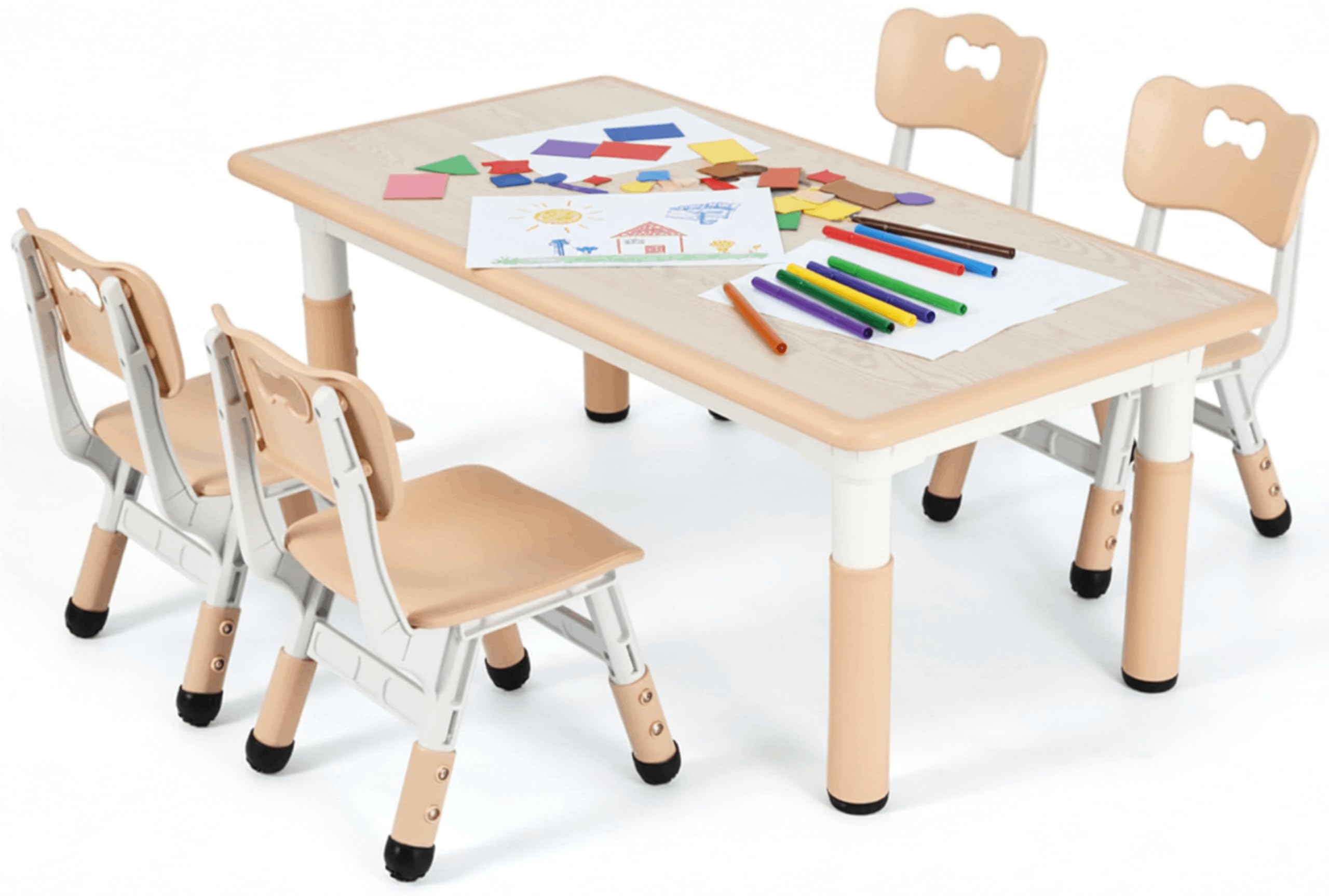 MAMIZO Kids Table with 4 Chairs, Adjustable Height Children's Table Chair Set for Nursery and Children's Room, Plastic Children's Furniture, Seating Set for Boys Girls from 2 Years, Yellow