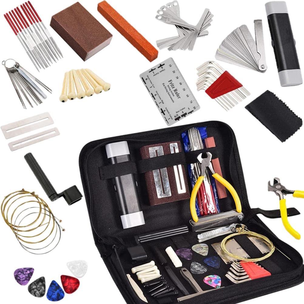 Kit de herramientas de guitarra de 72 piezas, kit de herramientas de reparación de guitarra con bolsa de transporte, juego de herramientas para guitarra acústica, guitarra eléctrica, ukelele, bajo