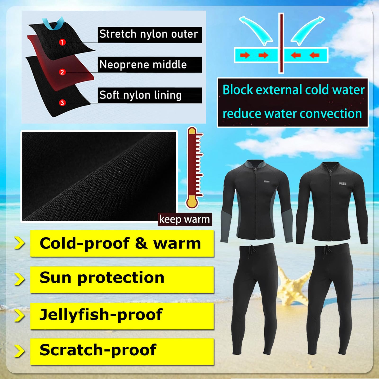 TOVCHEI 1.5Mm Split Wetsuit Long Sleeve Warm Diving Suit Sun Protection Anti Jellyfish for Men Women, Swimming Surfing Scuba,Gray top,3XL