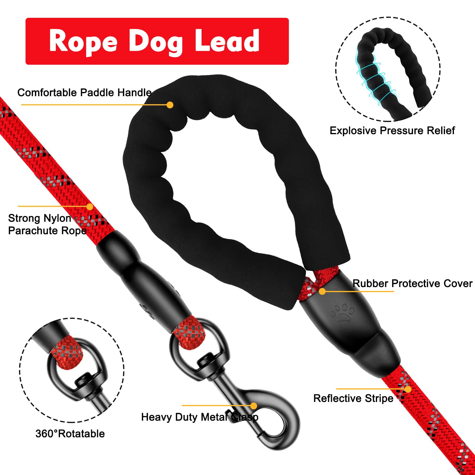 Ledeak Reflective Dog Lead - 2m Nylon Anti-Pull Slip Rope, Soft Padded Handle for Training Small/Medium/Large Puppies (Red) - Image 2