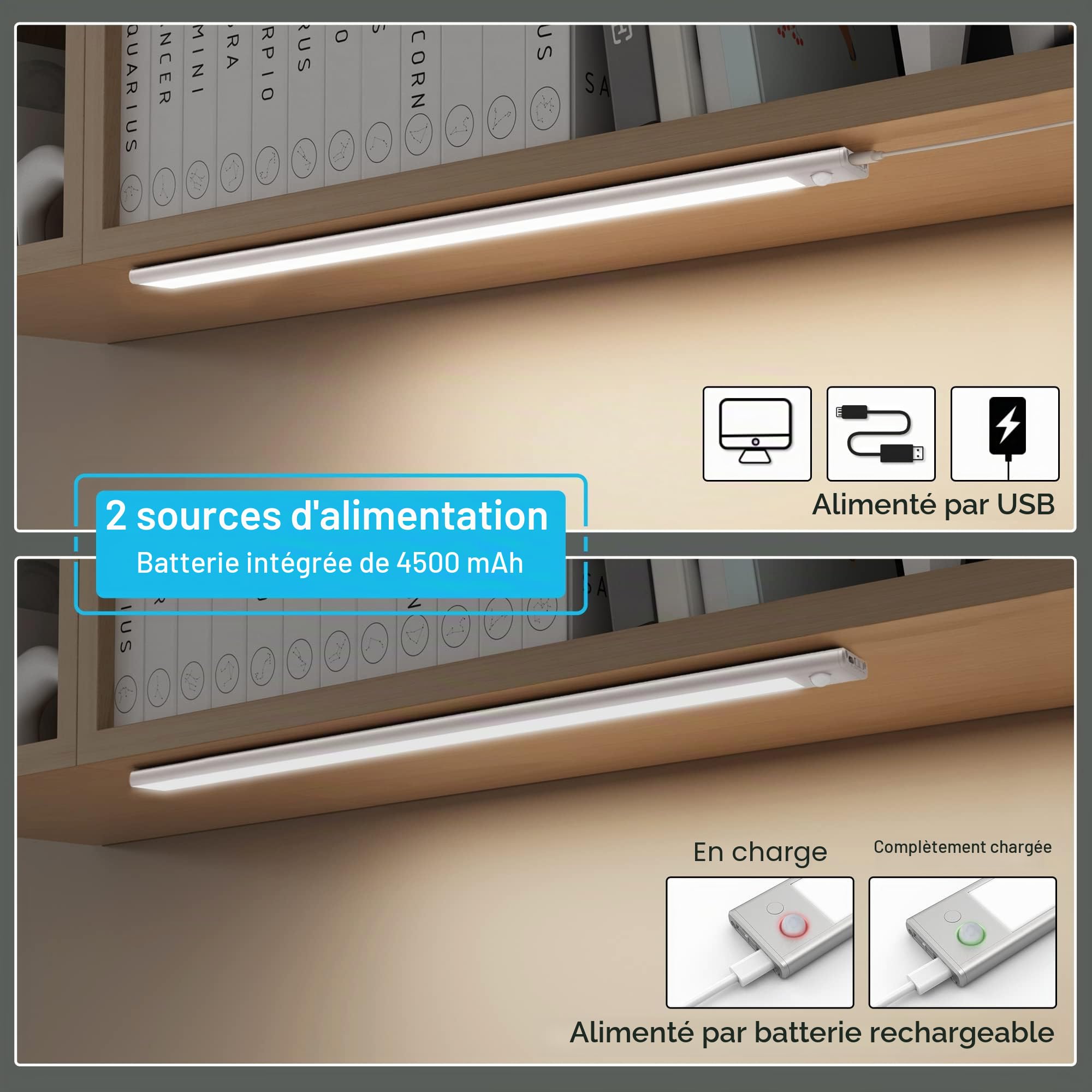 Led Lampe Dimmable de Placard 60cm, Applique Murale sans Fil avec Détecteur de Mouvement Interieur, Réglette Led Rechargeable sous Meuble Cuisine à 3 Modes d'Eclairage