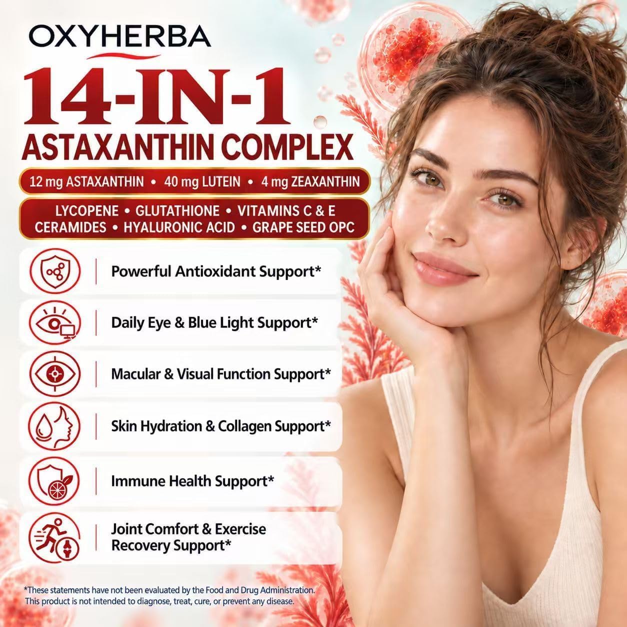 14-in-1 Astaxanthin 12mg with MCT Oil & Lutein 40mg,Zeaxanthin Supplements, Microalgae Source with Vitamin E, Glutathione & Hyaluronic Acid,120 Softgels,4 Months,Eye Health & Skin Antioxidant Support — Amazon image 2