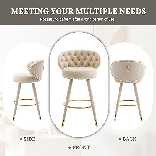 Miniatura 4 de Juego de 2 taburetes de bar, modernas sillas de bar ajustables de terciopelo con respaldo, patas de madera maciza, taburetes de bar tapizados y