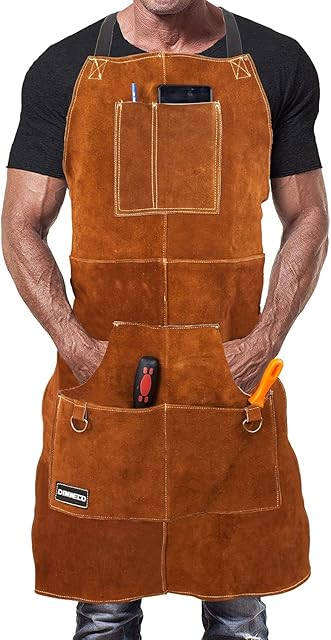 DIMWELD Leather Welding Apron With 6 pockets for men. Heavy Duty Workshop Apron for Welders and Blacksmiths. Heat and Flame Resistant Stitched in Kevlar