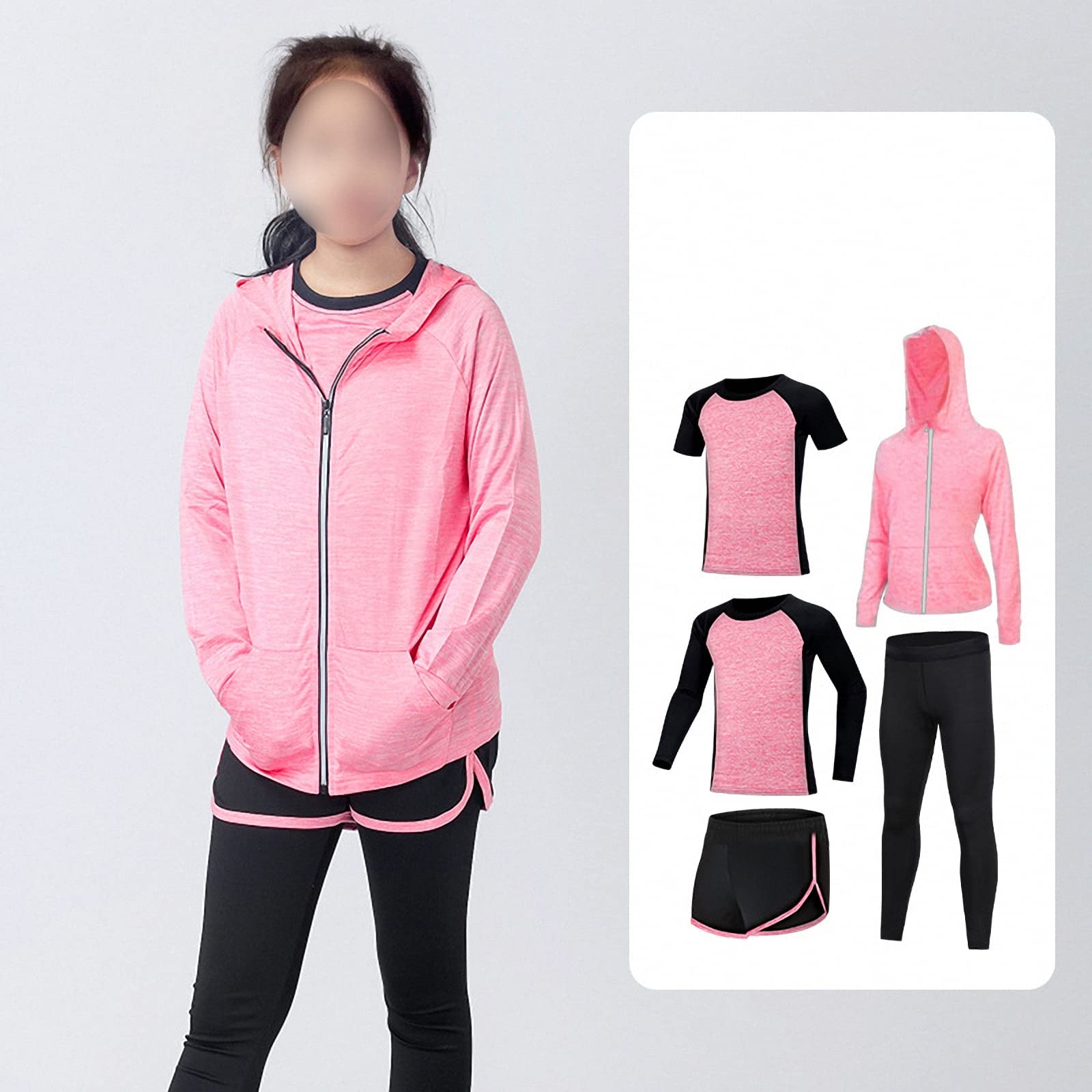 Ropa Deportiva de Fitness 5 Piezas,Traje de Chaqueta con Capucha para Correr de Yoga para niñas,Conjuntos de Entrenamiento de Baile,pantalón de Mallas de Secado rápido,Pink,170
