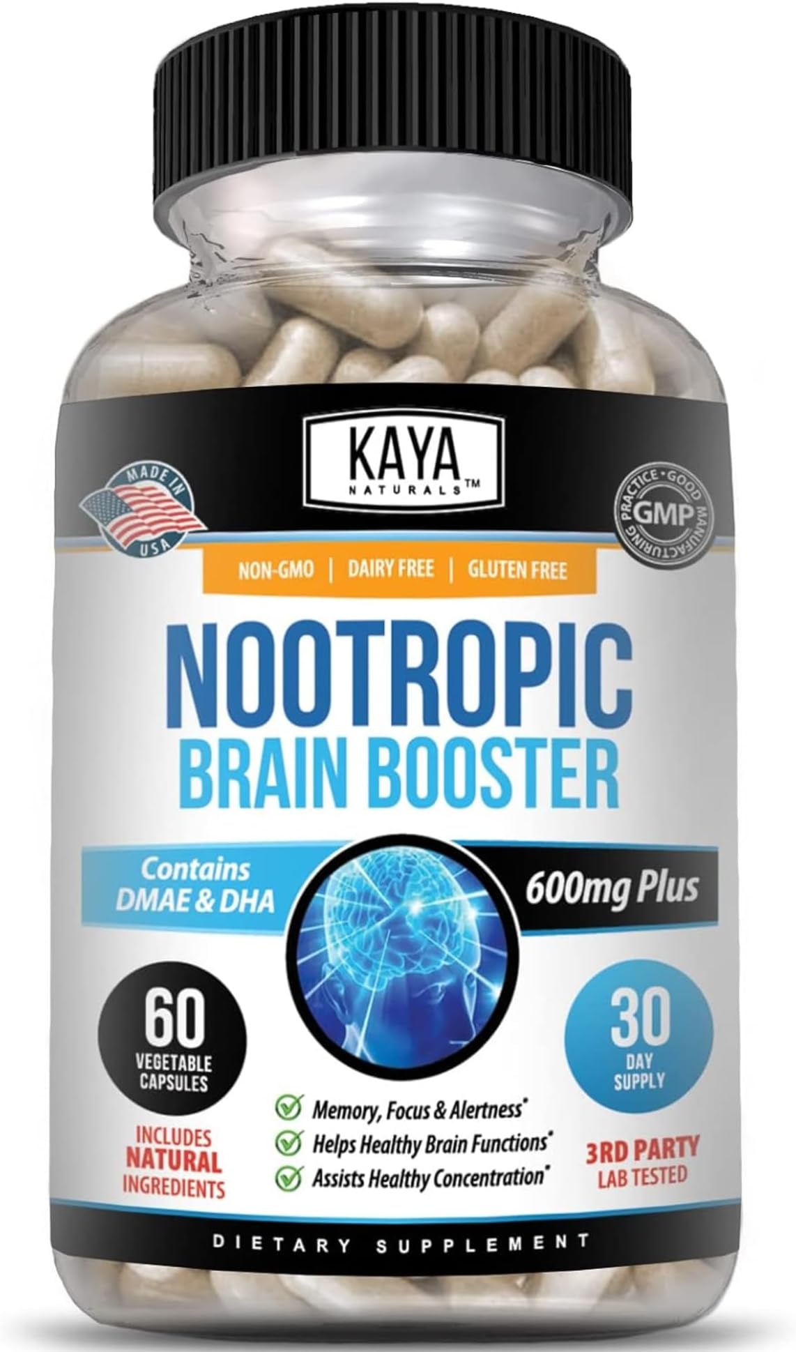Kaya Naturals - Nootropic Brain Booster - for Memory & Focus - Brain Support Supplement - Focus & Concentration & Learning Accuracy - Cognitive Function - 60 Count