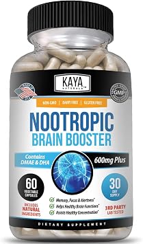 Kaya Naturals - معزز الدماغ منشط الذهن - للذاكرة والتركيز - ملحق دعم الدماغ - التركيز والتركيز ودقة التعلم - الوظيفة المعرفية - 60 عدد