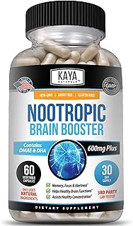 Kaya Naturals - Nootropic Brain Booster - for Memory & Focus - Brain Support Supplement - Focus & Concentration & Learning Accuracy - Cognitive Function - 60 Count