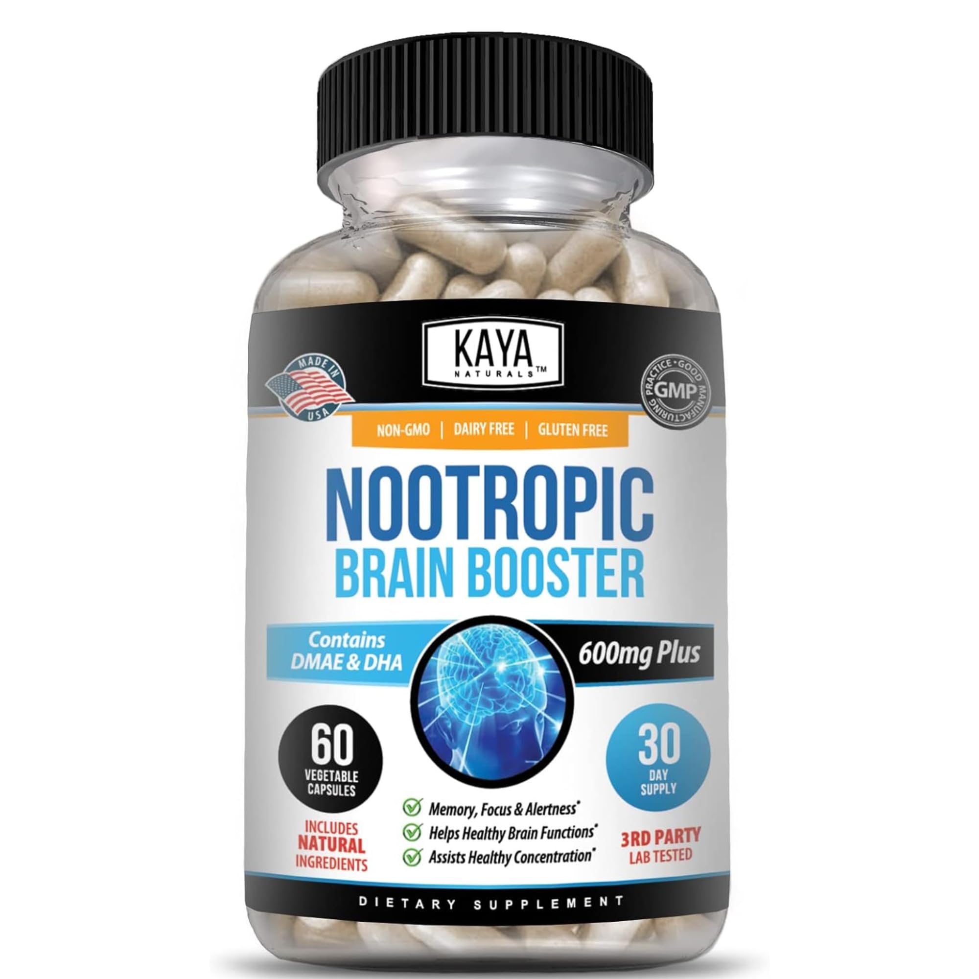 Kaya NaturalsNootropic Brain Booster - for Memory & Focus - Brain Support Supplement - Focus & Concentration & Learning Accuracy - Cognitive Function - 60 Count