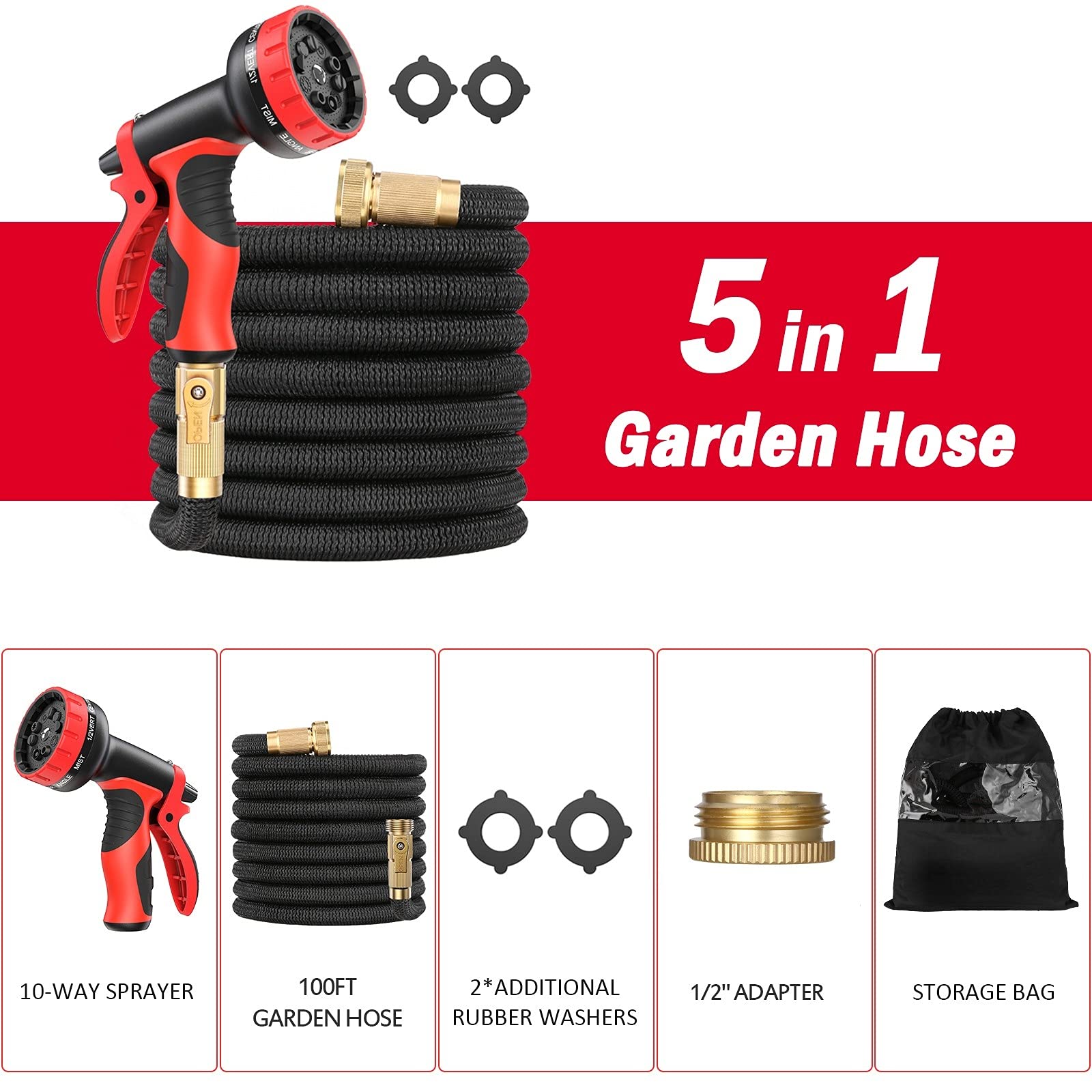 Tubo flessibile da giardino 30 m/100 FT, tubo flessibile estensibile, con 10 ugelli funzionali, tessuto in lattice a 3 strati ad alta densità, connettore in ottone, resistente alle perdite