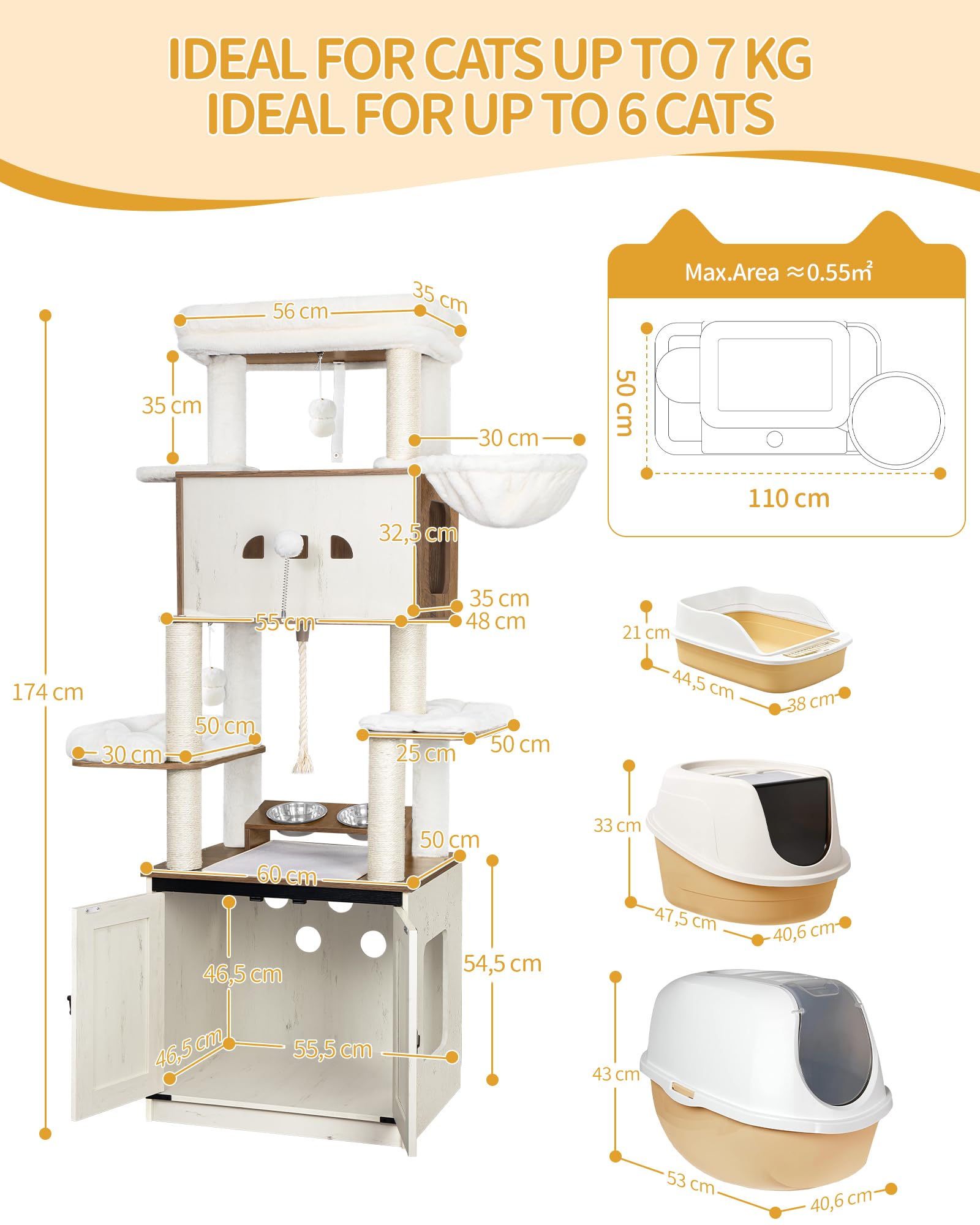 Hzuaneri 173 cm Árbol para Gatos, Blanco y Marrón, Casa para Gatos | con Mueble para Bandeja Higiénica, Soporte para Comedero Elevado, Cuerda de Sisal, Hamaca y Cojín Lavable, CB89014WT