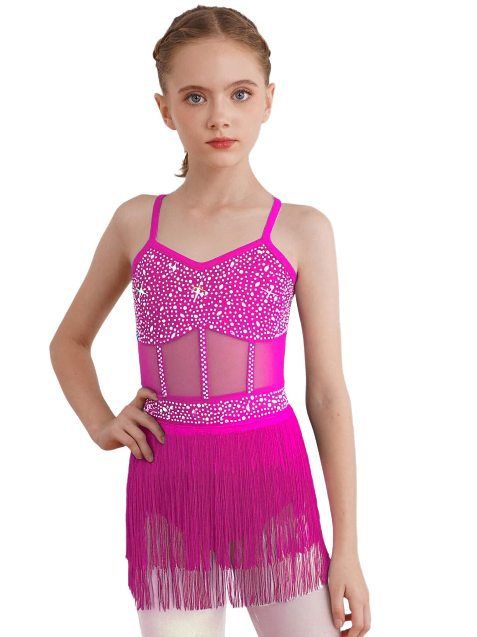 Abito da Ballo Latino Americano Bambina con Nappa Paillettes Body Danza Classica Moterna Leotards da Balletto Senza Manica Costume Samba Rumba Salsa
