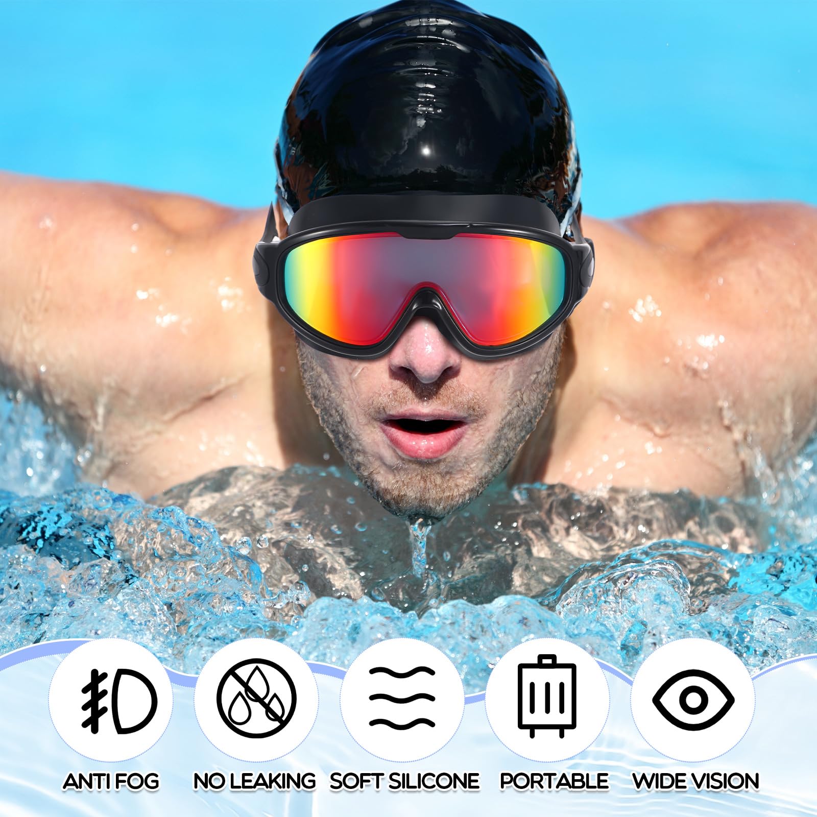 Kanayu 6 gafas de natación de visión amplia sin fugas, gafas de natación antivaho para adultos, con tapones para los oídos y clip de nariz para verano, adultos, hombres, mujeres, jóvenes, protección