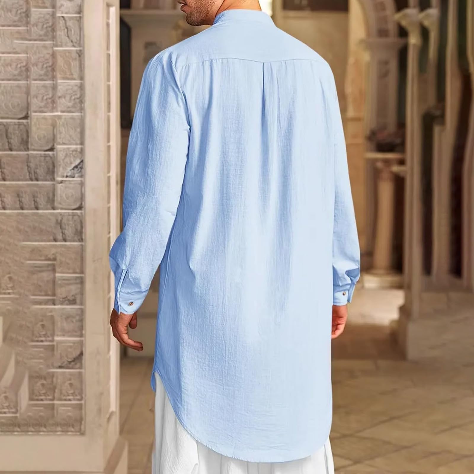 T-shirts à manches courtes pour homme - En lin - Manches longues - Caftan Thobe - Robe longue - Robe décontractée musulmane