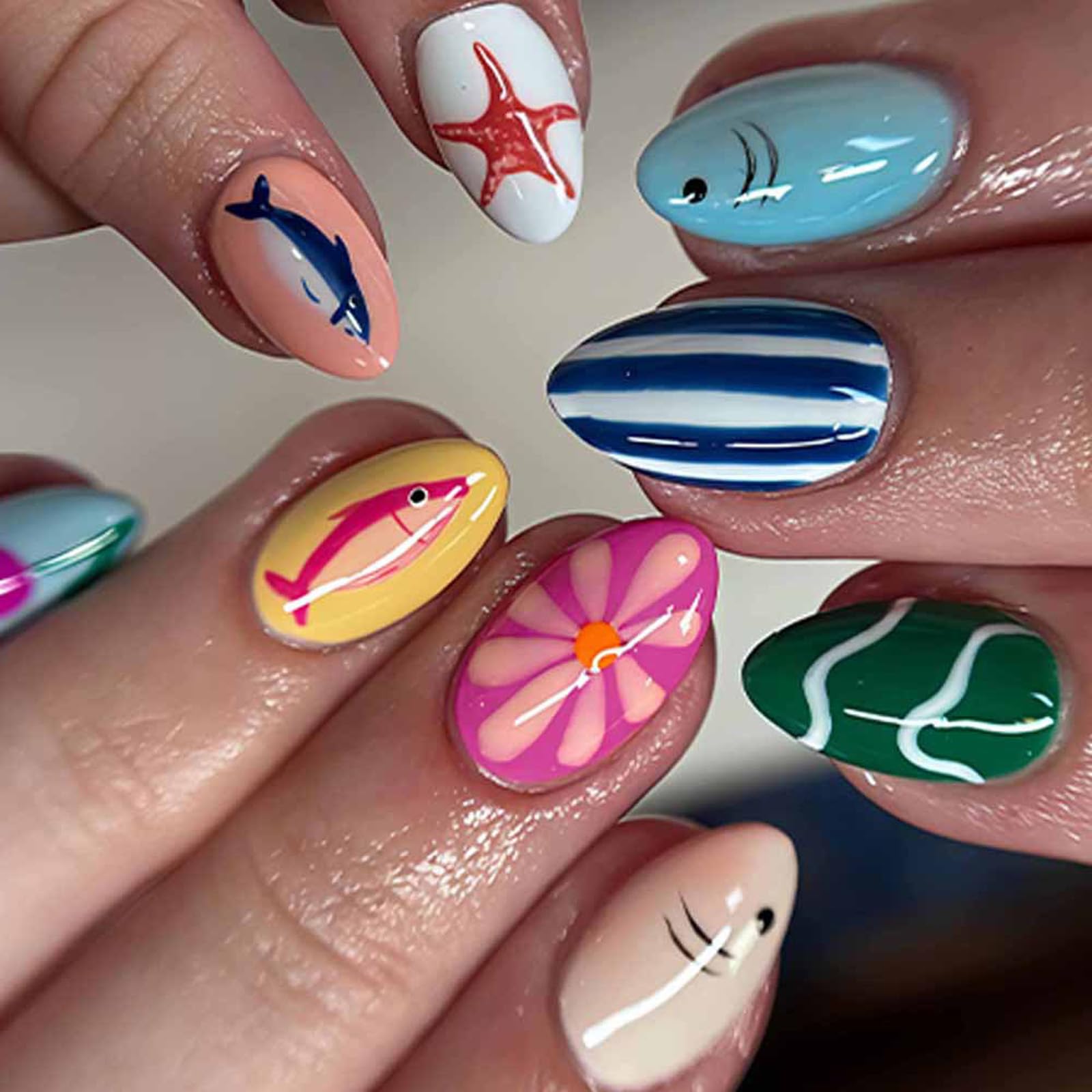 Ljmyy Colorful Press Type Nails Stickers With Marine Life Theme Artificial Nails For Women Easy To Apply Fingernails