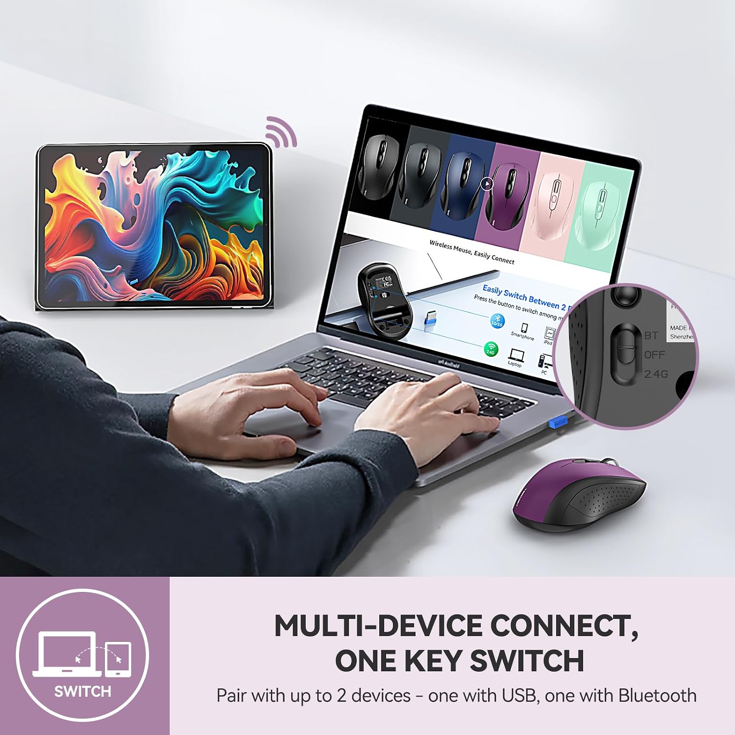 TECKNET Bluetooth Mouse, 4000DPI Wireless Mice for Laptop 2-in-1(BT 5.0/3.0+2.4Ghz) Computer Portable PC Mouse Wireless with USB Receiver for Mac (USB-A+Bluetooth, Purple) - 2