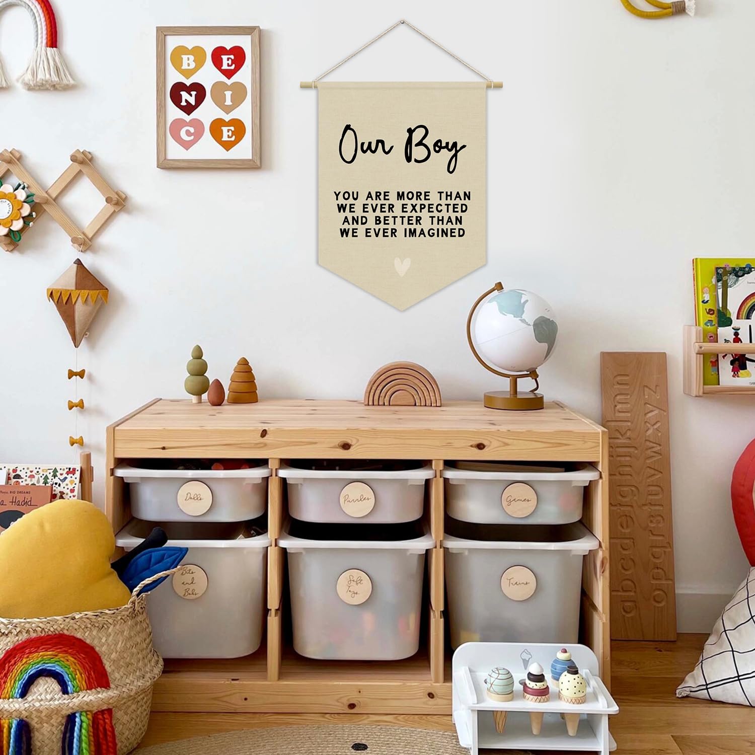 XYDEG Boys Room Decor, Boy Nursery Linen Canvas Banner, You Are More Than We Ever Expected Neutral Wall Hanging Pennant Flag Banner for Boys Kids Toddler Room Bedroom Playroom Decor, 15x11in