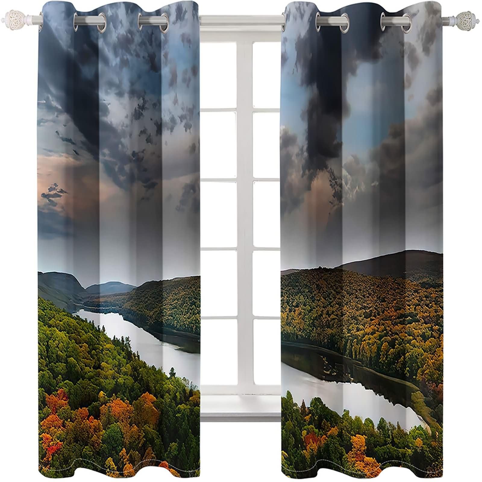 2er Set Gardine Blickdicht Verdunkelung,2 x 152W x 214H cm,Vorhänge Wohnzimmer mit Ösen Fluss und Baumlandschaft Grün Grau Gardinen für Schlafzimmer Modern