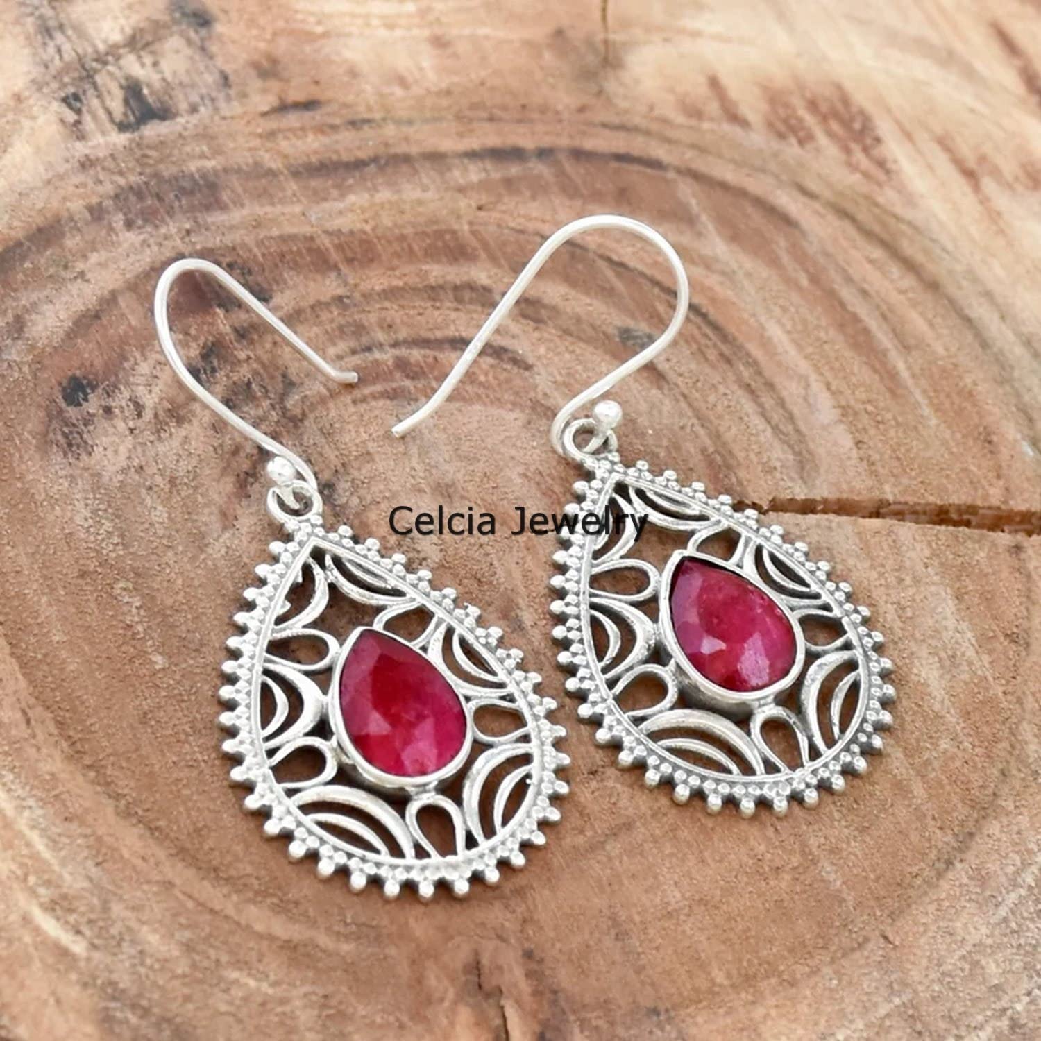 Orecchini pendenti a goccia in argento sterling puro 925 per le donne, orecchini con pietra preziosa rosa rubino naturale unici realizzati a mano con pietre di nascita di luglio per lei
