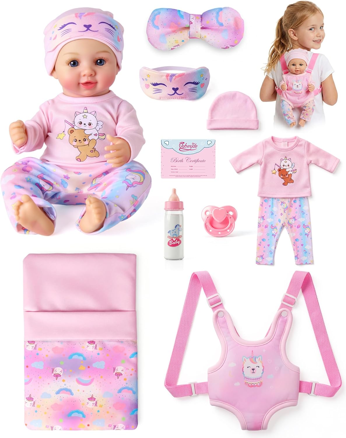BABESIDE 12 Inch Baby Doll Set with Strap Carrier Sleeping Bag, Realistic Full Vinyl Baby Doll Include Unicorn Outfit and Accessories Toys Gift for Girls 3+ Years Pretend Play, Birthday, Christmas